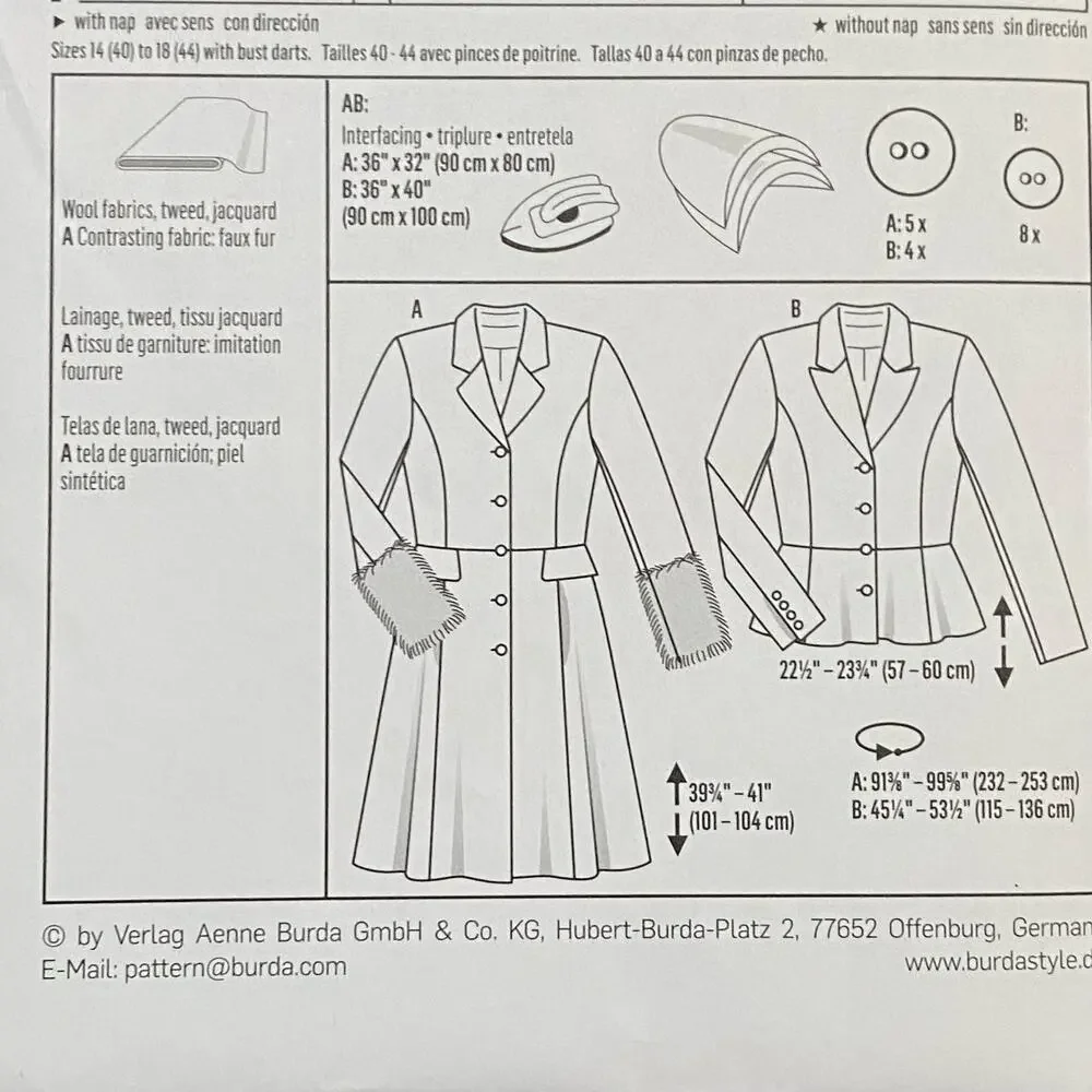 Burda #6570 sewing pattern button front blazer jacket & coat US size 8 - 18